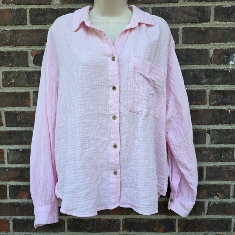 Beachlunchlounge Baby Pink Textured Cotton Gauze Button Front Shirt Blouse Sz L